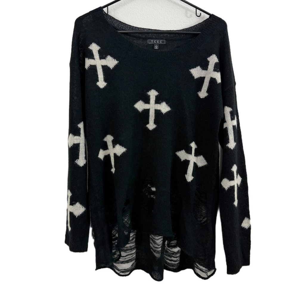 TCEC Crosses Sweater Womens Large Black Pullover Top Destroyed Goth Alt Punk
